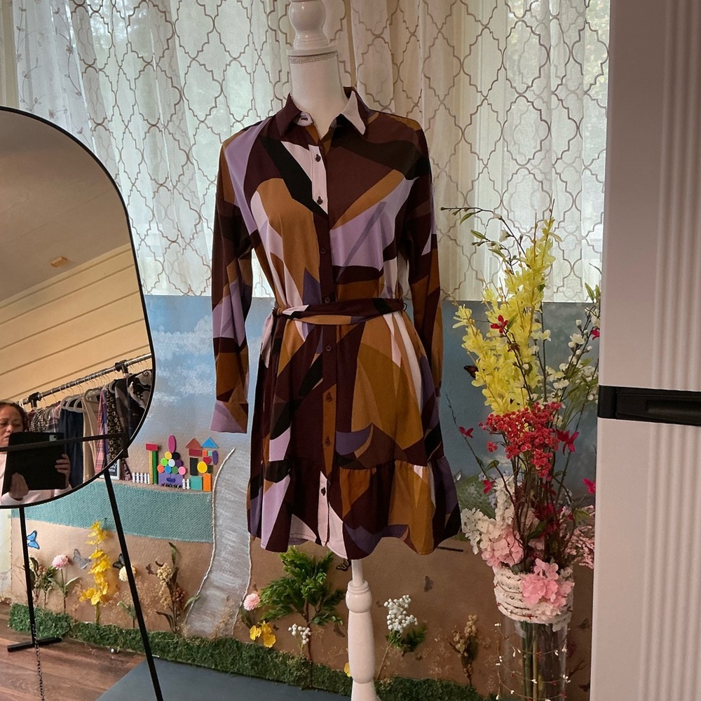 Nine West Abstract Brown and Purple Mini Dress